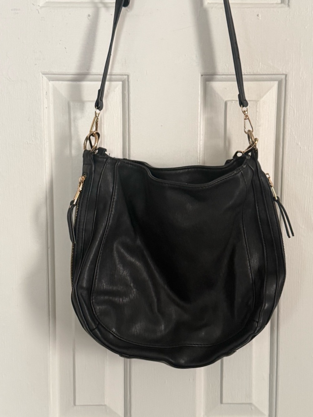 Miztique Black Leather Shoulder Hobo Bag with Gold Hardware